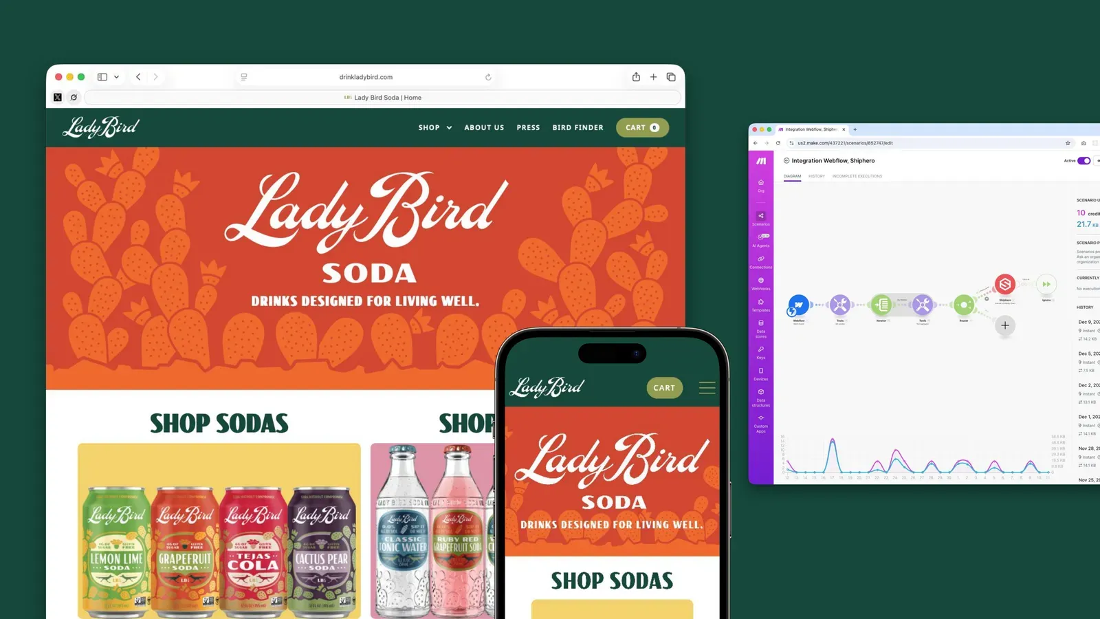 Lady Bird soda Webflow site, desktop and mobile