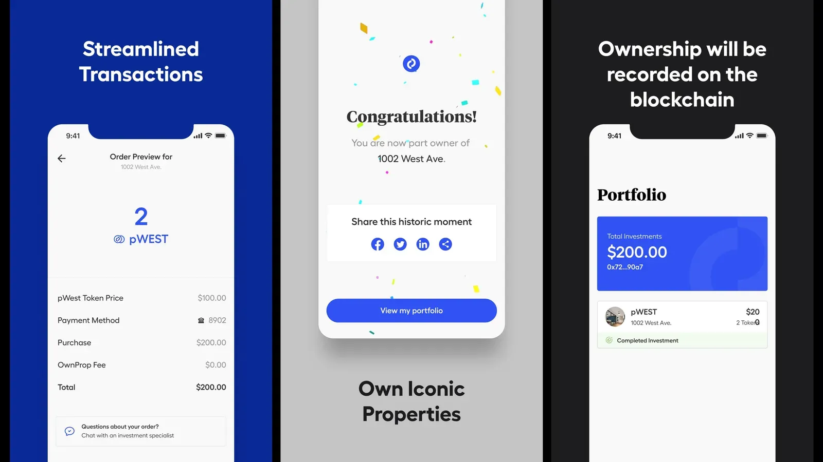 OwnProp transaction and portfolio screens