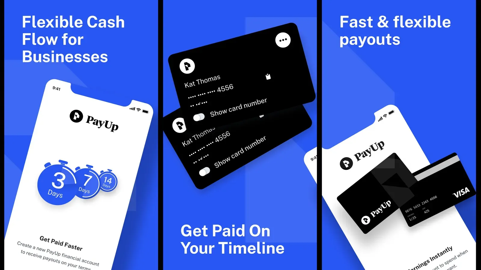 PayUp business banking cards and cash-flow screens