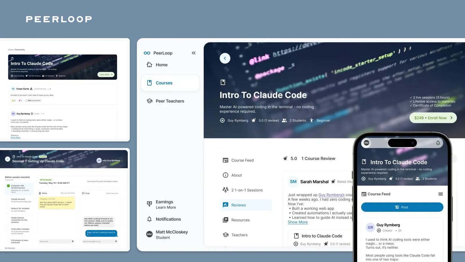 PeerLoop learning platform screens