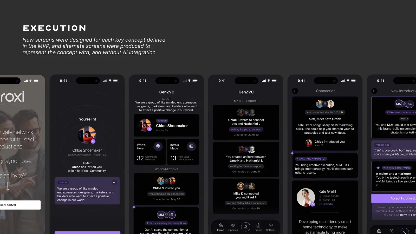 Proxi execution — designed app screens with and without AI