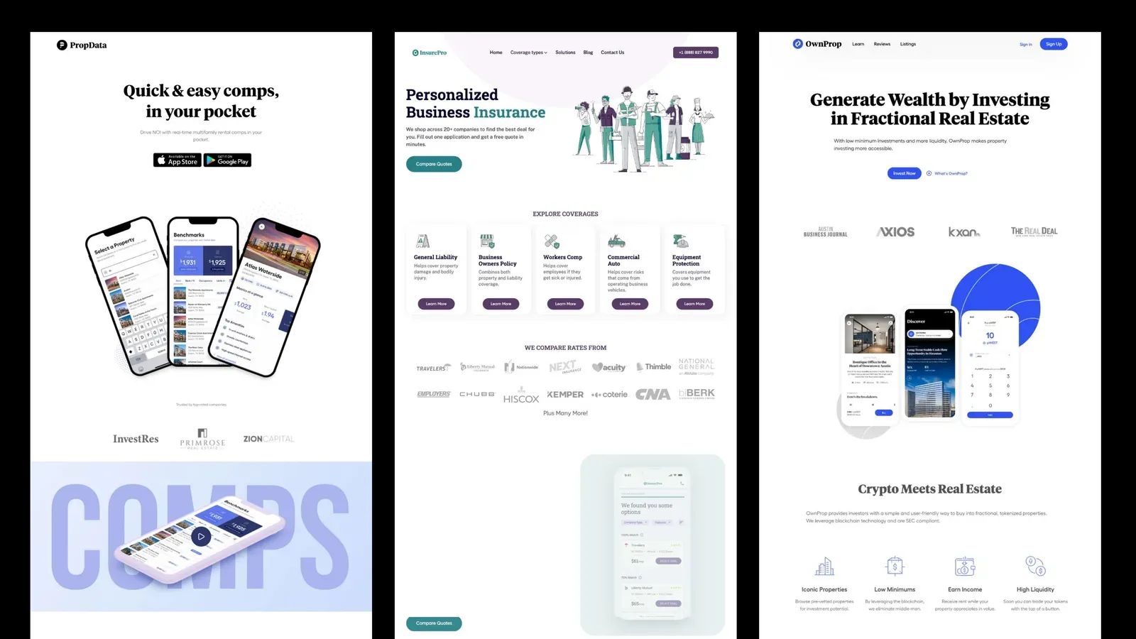 Rex portfolio marketing sites — Comps, insurance, fractional real estate